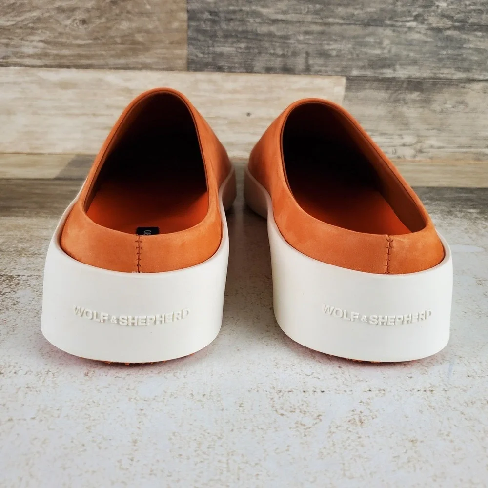 Wolf & Shepherd Cruise Mens Mule Casual Shoes Sz 9 Orange Nubuck Leather Slip On